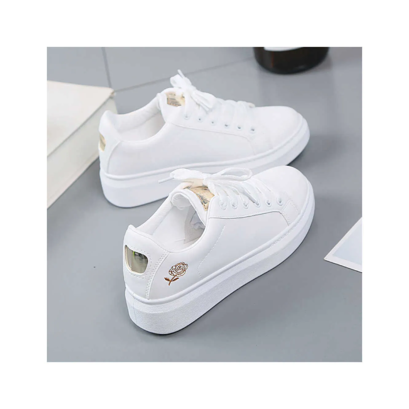 HBP Non Brand Womens New Leather Ventilated Sports Style Casual Board Chunky Students Low Top Small White Shoes