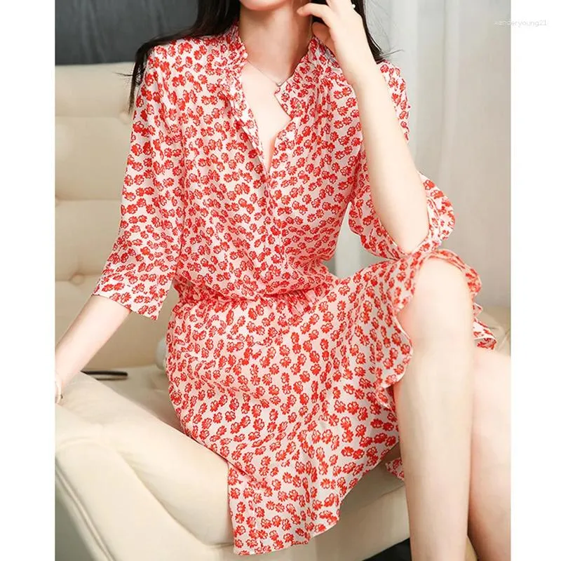 Party Dresses Birdsky 1pc Women Office Lady Dress Stand Collar Slim Waist Belt Mulberry Silk Red Flower Print S-445