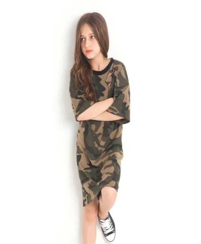 Camouflage Girls Dress for Teenage Europe Style Kort ärm Summer Dress Fashion Kids Clothing Real S för 6 8 10 12 14 år Y8906546