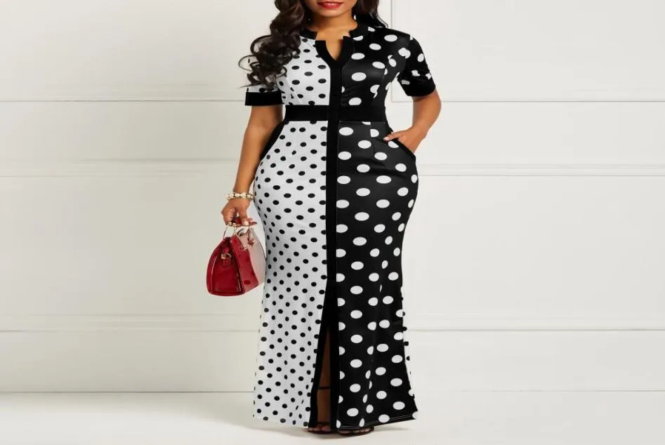 Clocolor vestido africano vintage bolinhas branco preto impresso retro bodycon feminino verão manga curta plus size longo maxi vestido y195708096