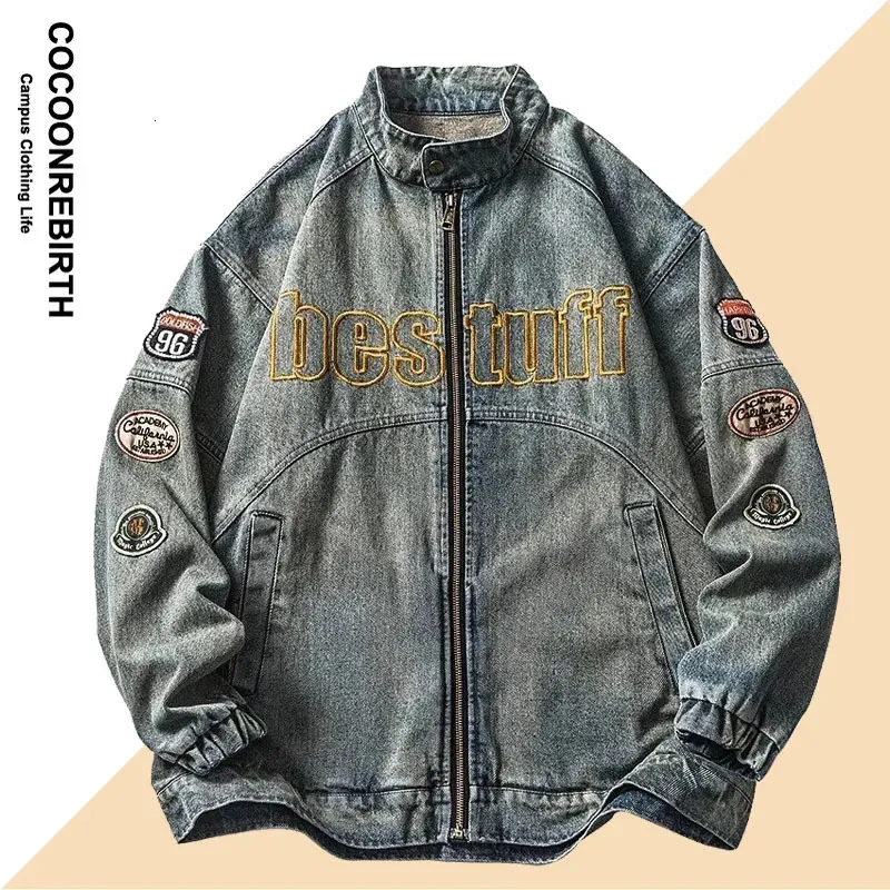 American Retro Denim Men Men Spring Liste Lett Hafdery Motorcycle Płaszcz UNISEX Street Varsity Casual Baseball Emwear 240227