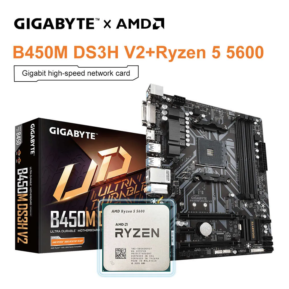 ギガバイトB450M DS3H V2新しいマザーボード + AMD新しいRyzen 5 5600 R5 5600 CPUソケットAM4ゲームプロセッサ6コア12-Thread 65W DDR4