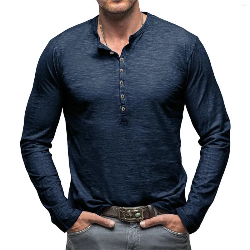T-shirts pour hommes Hommes T-shirt Tie Dyed Henley Chemise Vintage Couleur Solide Manches Longues Bouton Lavé Porté Col V