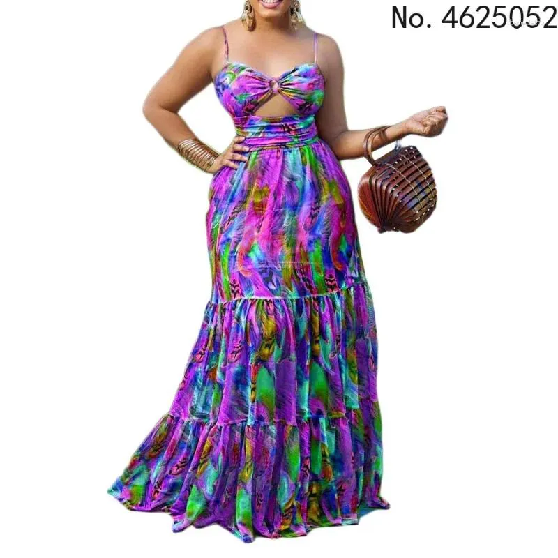 Etnische kleding elegante vrouwen spaghetti band uitsparing taille hoge grote schommel fit en flare maxi lange jurk 2024 strand sexy boho