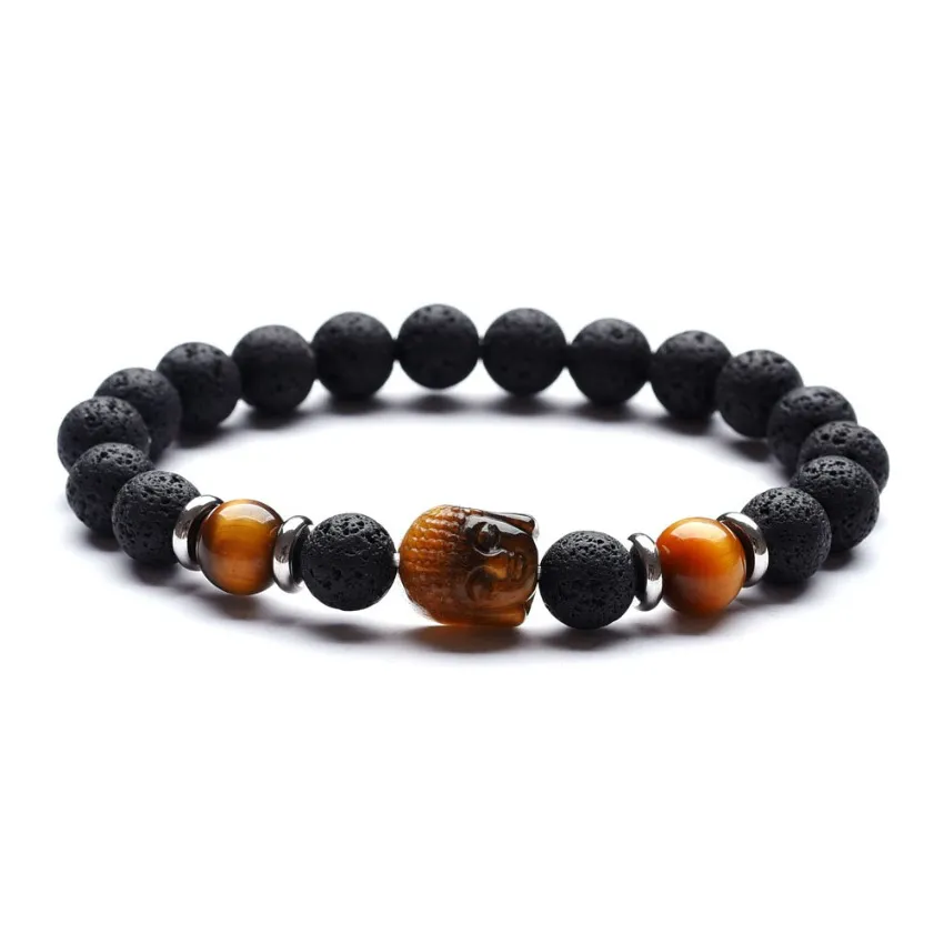 Natural Stone Carved Buddhas huvud Rose Quartz Tiger Eye Amethyst 8mm Round Bead Armband Lava Stone Pärlade armband Fashion Smycken