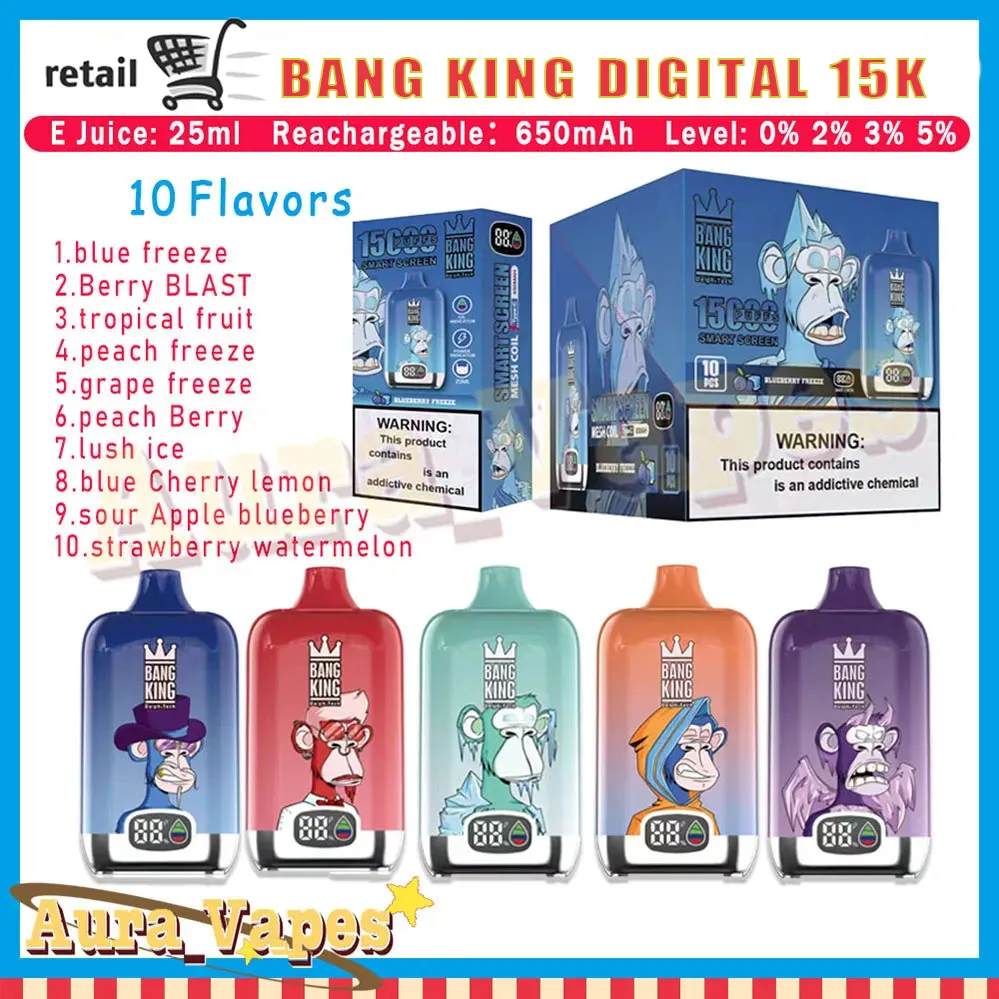 Original BANG KING digital 15000 Bobina de malla E-líquido 25 ml Recargable Tipo-C Indicador de potencia Indicador de aceite crazvapes Bang