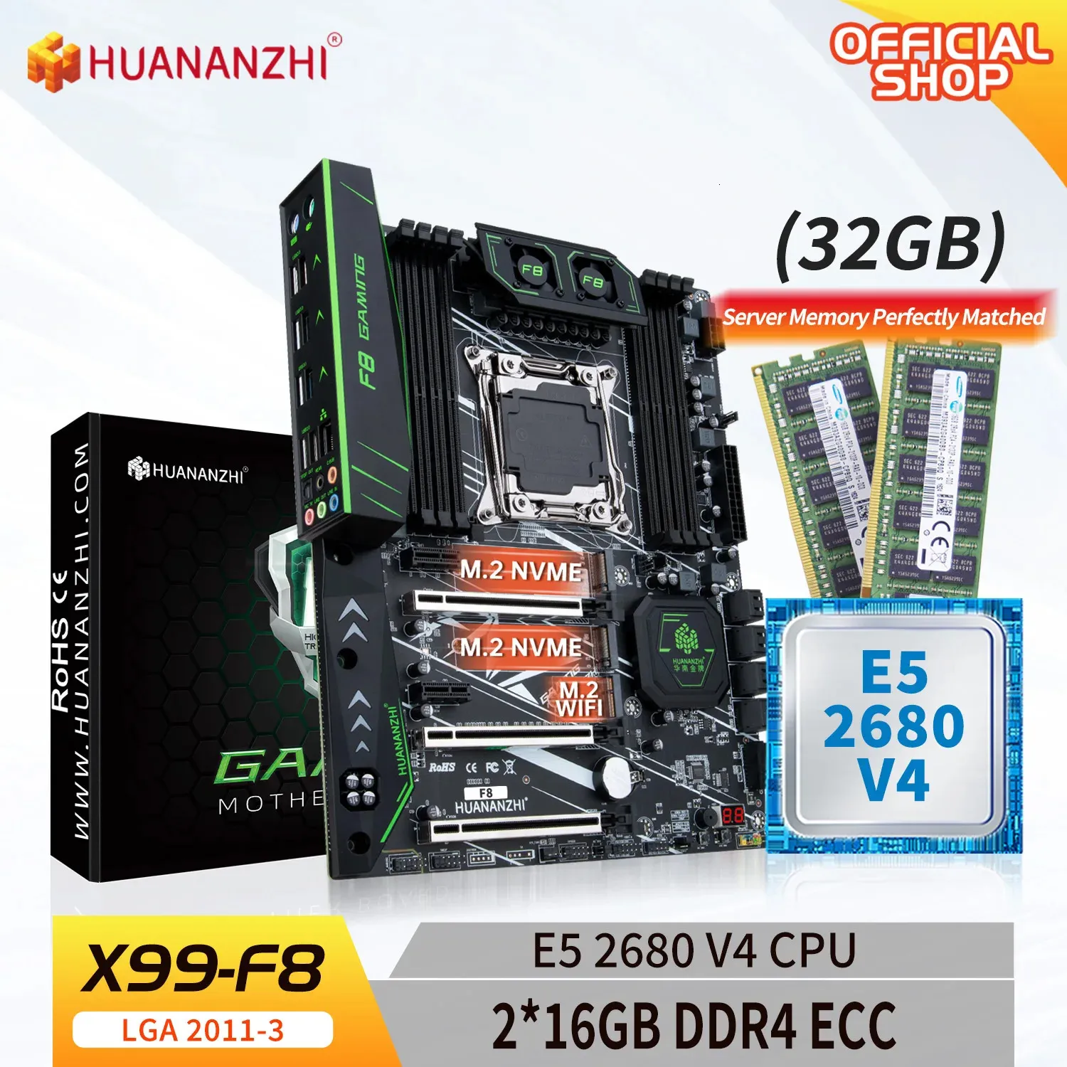 Huananzhi X99 F8 LGA 2011-3 Xeon X99 Intel E5 2680 V4付きマザーボード2*16G DDR4 ECCメモリコンボキットセットNVME SATA 240307
