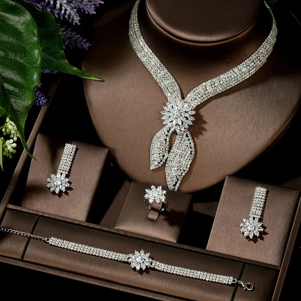 HIBRIDE Luxe Grote 4-delige sieradenset met zirconia voor dames Bruidsfeest Bruiloft Accessoires Saoedi-Arabië Dubai N-1433 240311