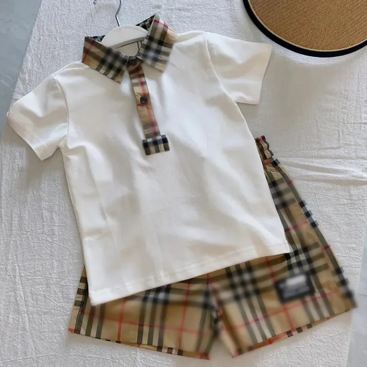 kids designer clothes boy girl Clothing Sets short sleeve polo collar t shirt plaid shorts set