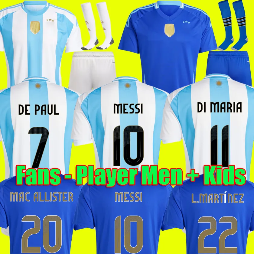 3XL 4XL 팬 플레이어 버전 3 스타 아르헨티나 축구 유니폼 코파 2024 Dybala Martinez Maradona de Paul 축구 셔츠 24 남녀 어린이 세트 유니폼 디 마리아