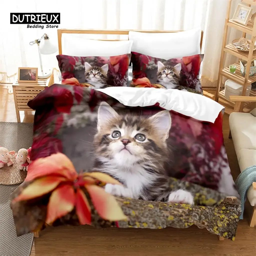 セット羽毛布団カバーセットかわいい動物猫の寝具セット柔らかい快適な通気性のある羽毛布団カバーベッドルームの客室装飾シアーカーテン