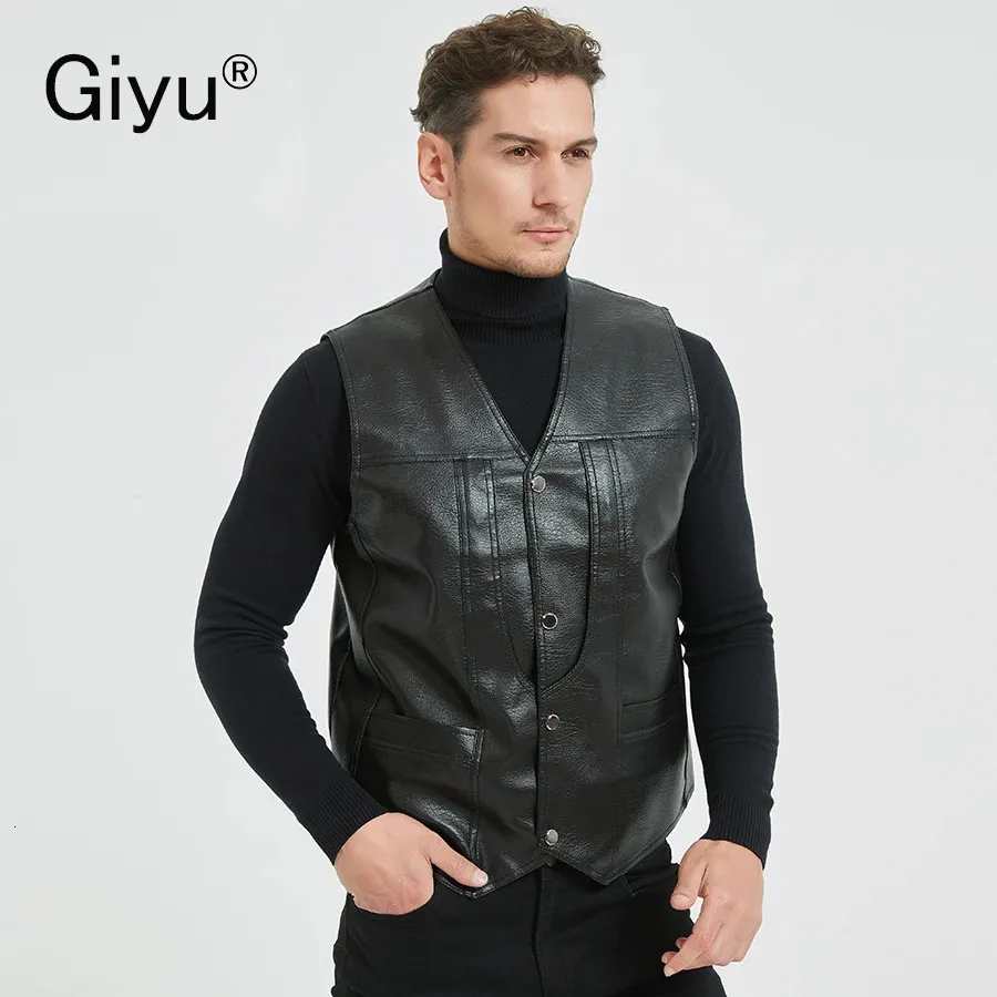 Giyu moda botón frontal chaleco de cuero de imitación hombres Vintage sin mangas masculino PU prendas de vestir exteriores chaleco elegante Tops 240229