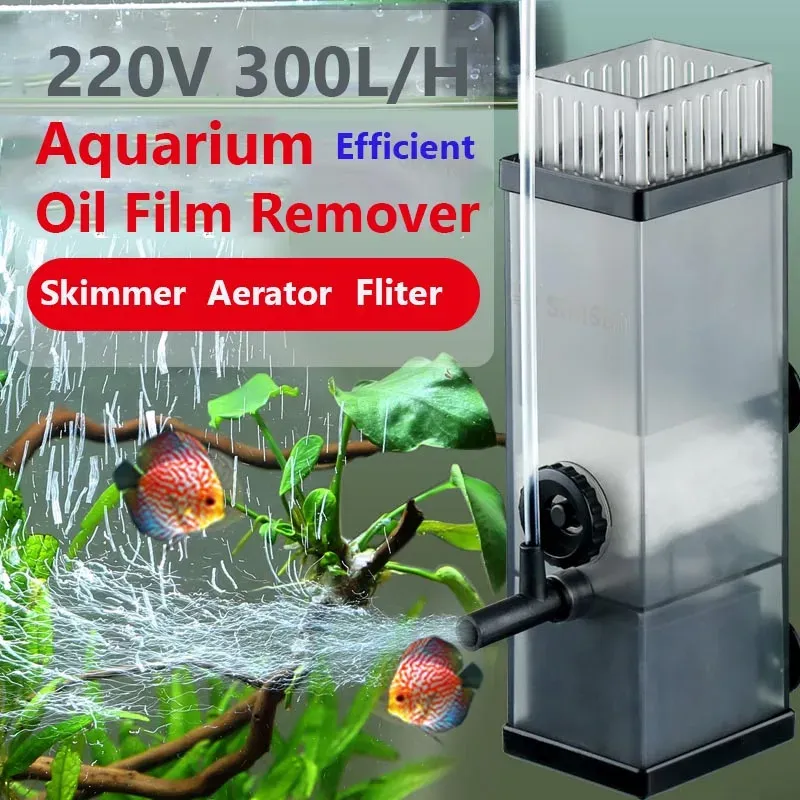 Aksesuarlar 300L/H Aquarium Skimmer Fliter Yağ Film Çıkçı Filtre Oksijen Pompası Yüzey Suyu Saflaştırılmış Ayarlanabilir Akış Balık tankı havalandırma PET