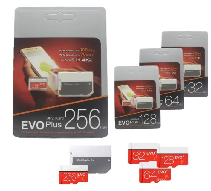 2020 le dernier produit 128GB 64GB 32GB EVO PLUS carte Micro SD TF 256GB UHSI Class10 DHL 100pcs9408852