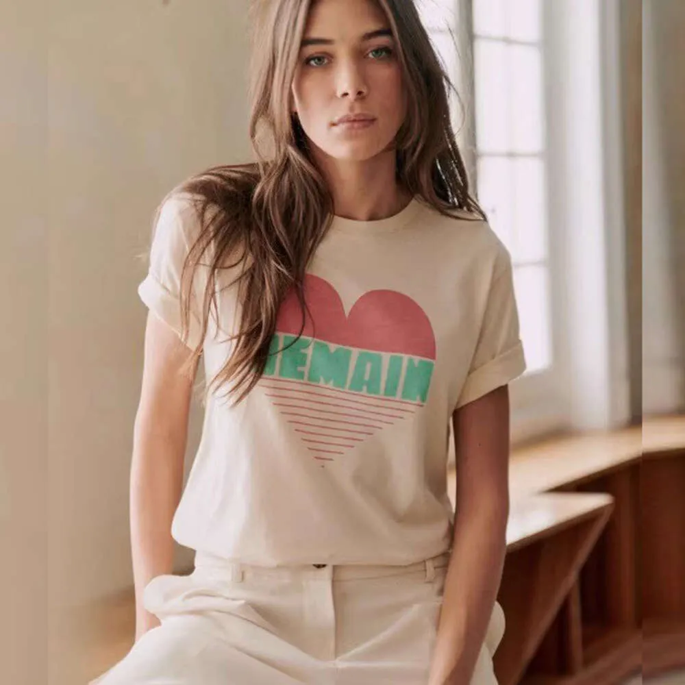 24 sommar ny casual mode sezane love fransk brev tryckt rand rund hals topp kvinnors korta ärm t-shirt