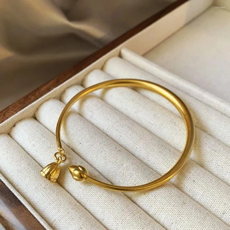 Bangle Vintage Lotus Open Pulseira Beleza Neo-Chinês Estilo Jóia Antigo Adorável Luxo Mulheres Douradas