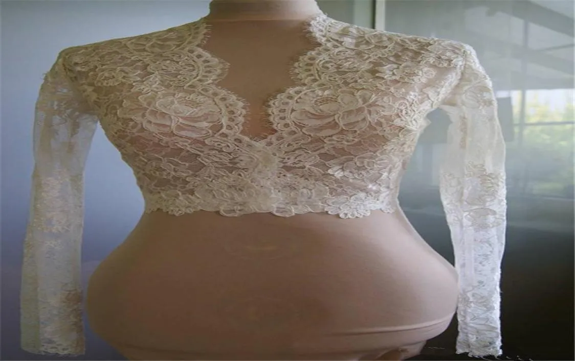 Bolero corto in pizzo con maniche lunghe Involucri da sposa per le spose Carino bianco Avorio Involucri da sposa con rifiniture in pizzo per ciglia8865606