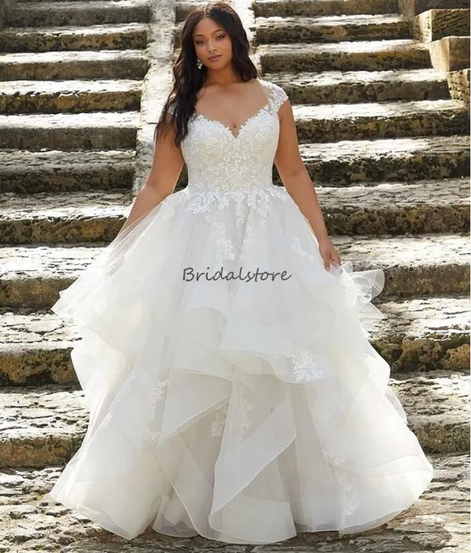 2024 Plus Size A Line Wedding Dress with Cap Sleeves, Tulle Lace, and Open Back - Floor Length Bride Gown