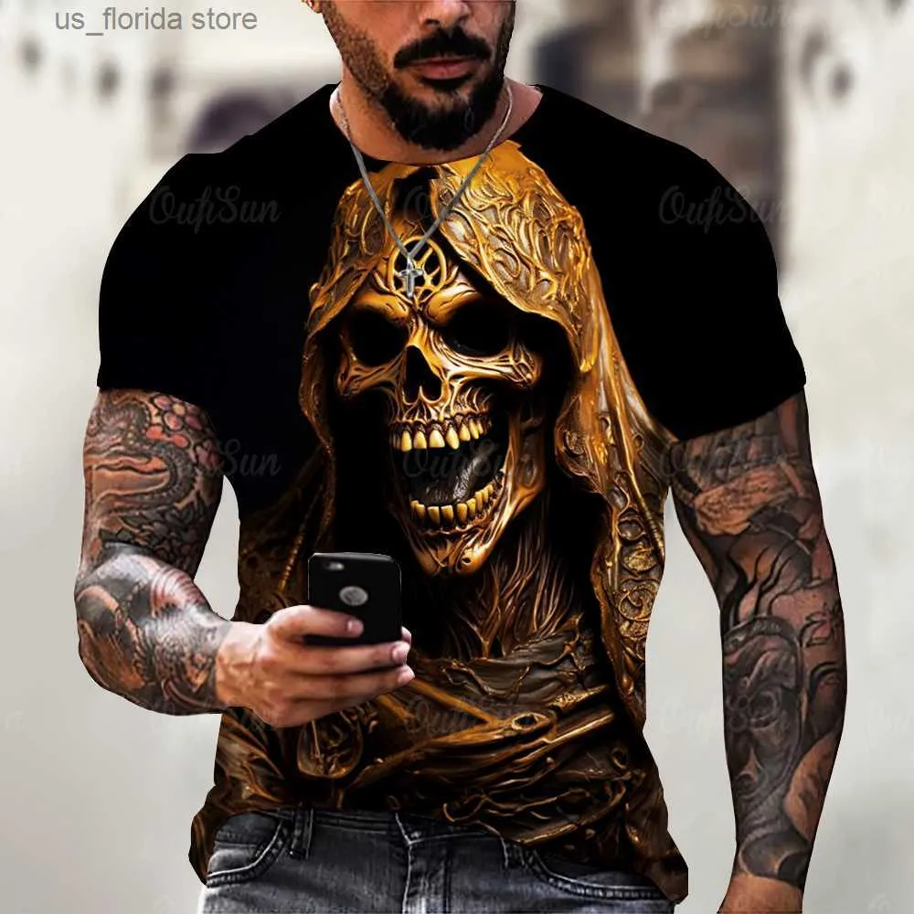 T-shirty męskie T-shirt męskie T-shirt Vintage Horror 3D Skull Print Klasyczna swobodna szyjka krótka moda luźna ponadwymiarowa topy t-koszulka Mężczyźni Y240314