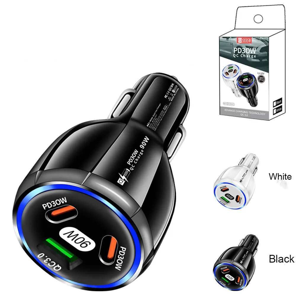 Chargeur de voiture 90w à 3 Ports USB 2 PD, charge rapide, plusieurs Ports pour iPhone Xiaomi Huawei samsung, adaptateur de téléphone avec boîte