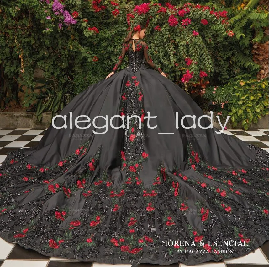 Schwarze Prinzessin Charro Mexikanische Quinceanera-Kleider mit langen Ärmeln, floralen Applikationen, Stickerei und Schnürung, für 15 Jahre 2024