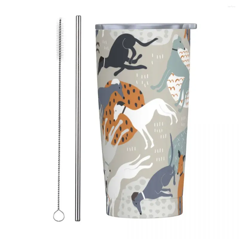 Tumblers Greyhounds Isolierter Becher mit Strohhalmen und Deckel, Tierhund, Edelstahl-Kaffeetasse, 570 ml, doppelwandig, für kalte Getränke