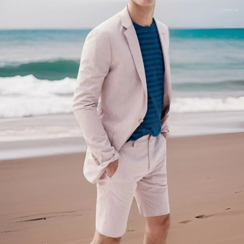 Мужские костюмы Льняной пляжный смокинг жениха для свадьбы Мужчины с короткими брюками Slim Fit 2 шт. Костюм для выпускного вечера на заказ Куртка с зубчатыми лацканами 2024