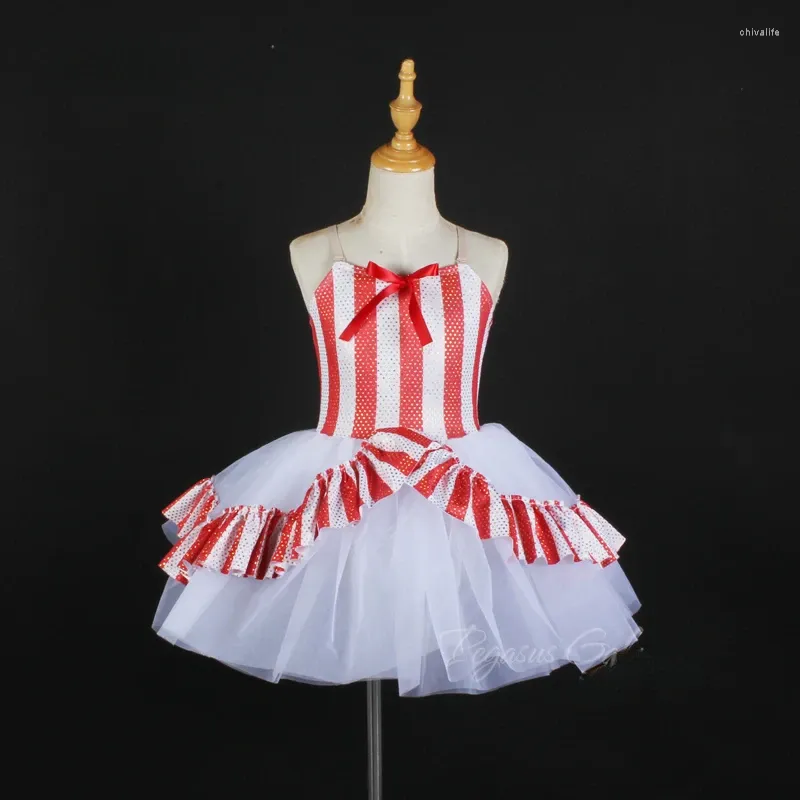 Scene Wear Red Stripe Ballet Dance Costume Girls Ballerina Tutu Dress paljetter Dancewear Adult Stag Show Shinny Clothes