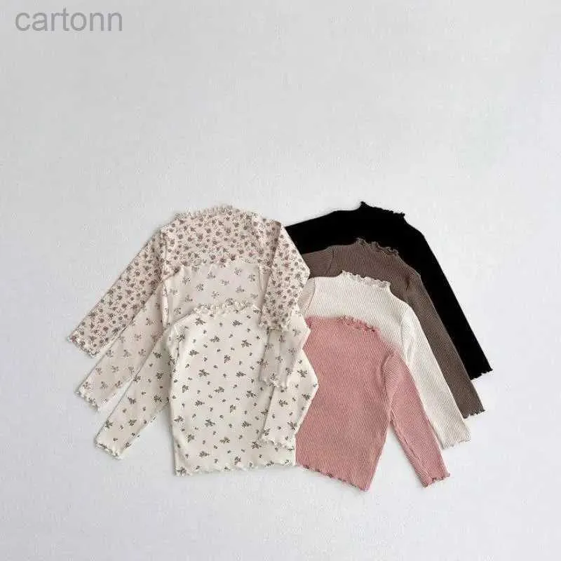 T-shirts 2024 printemps fille enfants col à volants imprimé floral t-shirt garçon bébé solide chemise de fond côtelée enfant décontracté coton t-shirts vêtements ldd240314