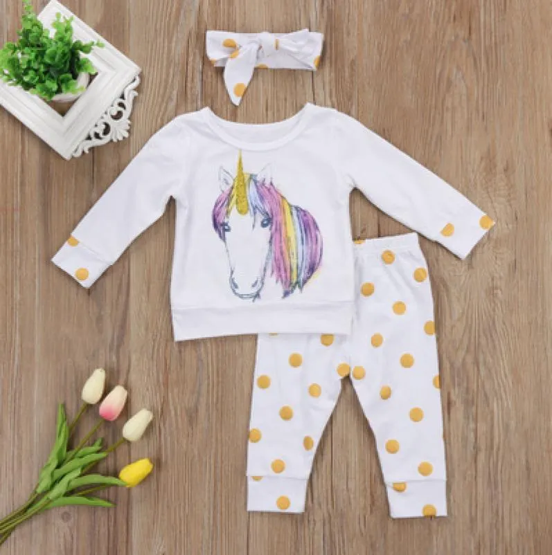 Nuevos conjuntos de ropa para niños ins, camiseta con estampado de unicornio para niña de otoño con pantalones largos de lunares, diademas, conjuntos de 3 uds 2026248