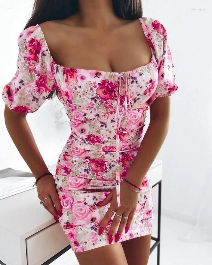 Casual Dresses Women's Elegant Luxury Dress Floral Print bundet detalj mini 2024 senaste blyerts