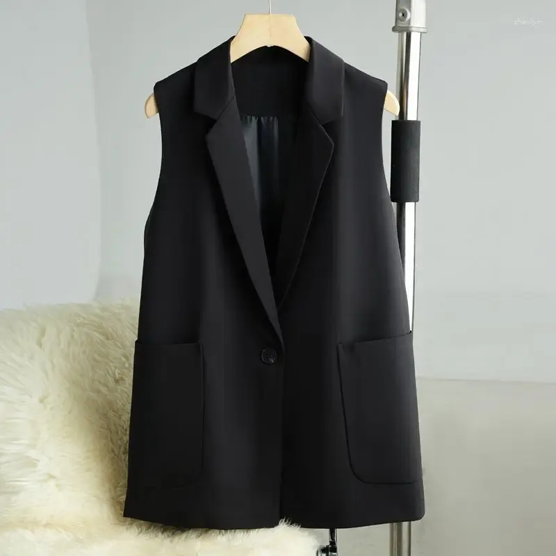Gilets pour femmes 2024 Costume Gilet Top Printemps Femmes Casual Mode Manches Vestes Poche Mince Tout-Match Coréen Élégant Noir Bureau Vêtements