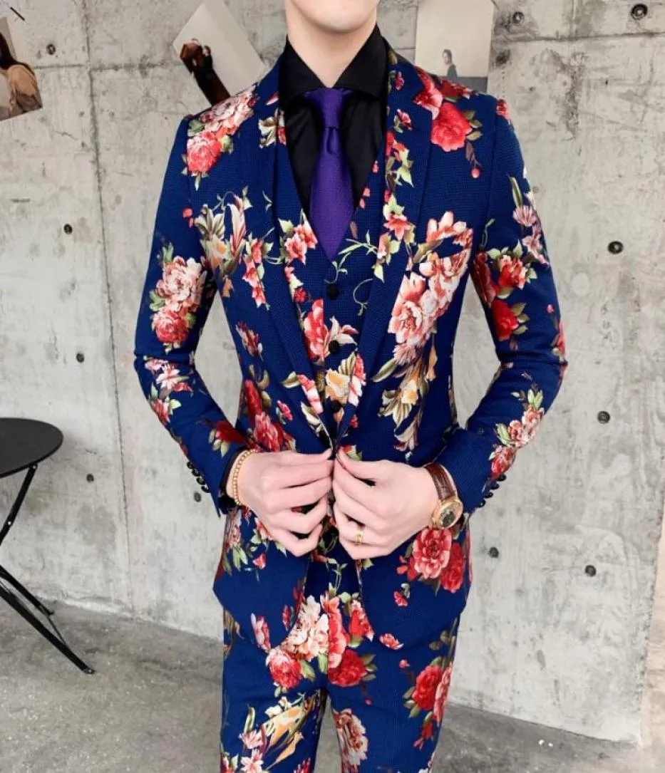 Men039s Pakken Blazers Bloemen Heren Feestjurk Toneelkostuums Voor Zangers Bloemen 3-delig Ontwerpers Vintage Mode Bruiloft7498298