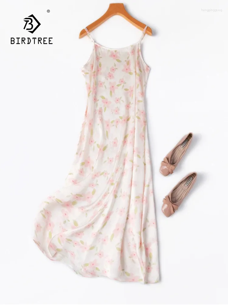 Casual Dresses Birdtree 21mm Real Silk Dress for Women Spaghetti Strap Flower Printed Elegant Fashion Sweet 2024 Summer D42832QC