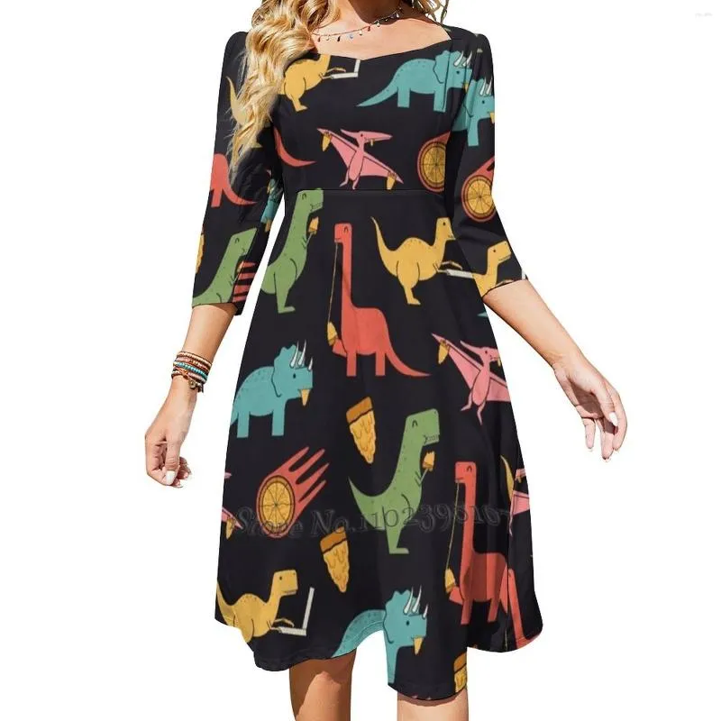 Sukienki swobodne pizza dinos kwadratowa sukienka szyi urocza luźna druk elegancki wzór imprezowy na plaży dino