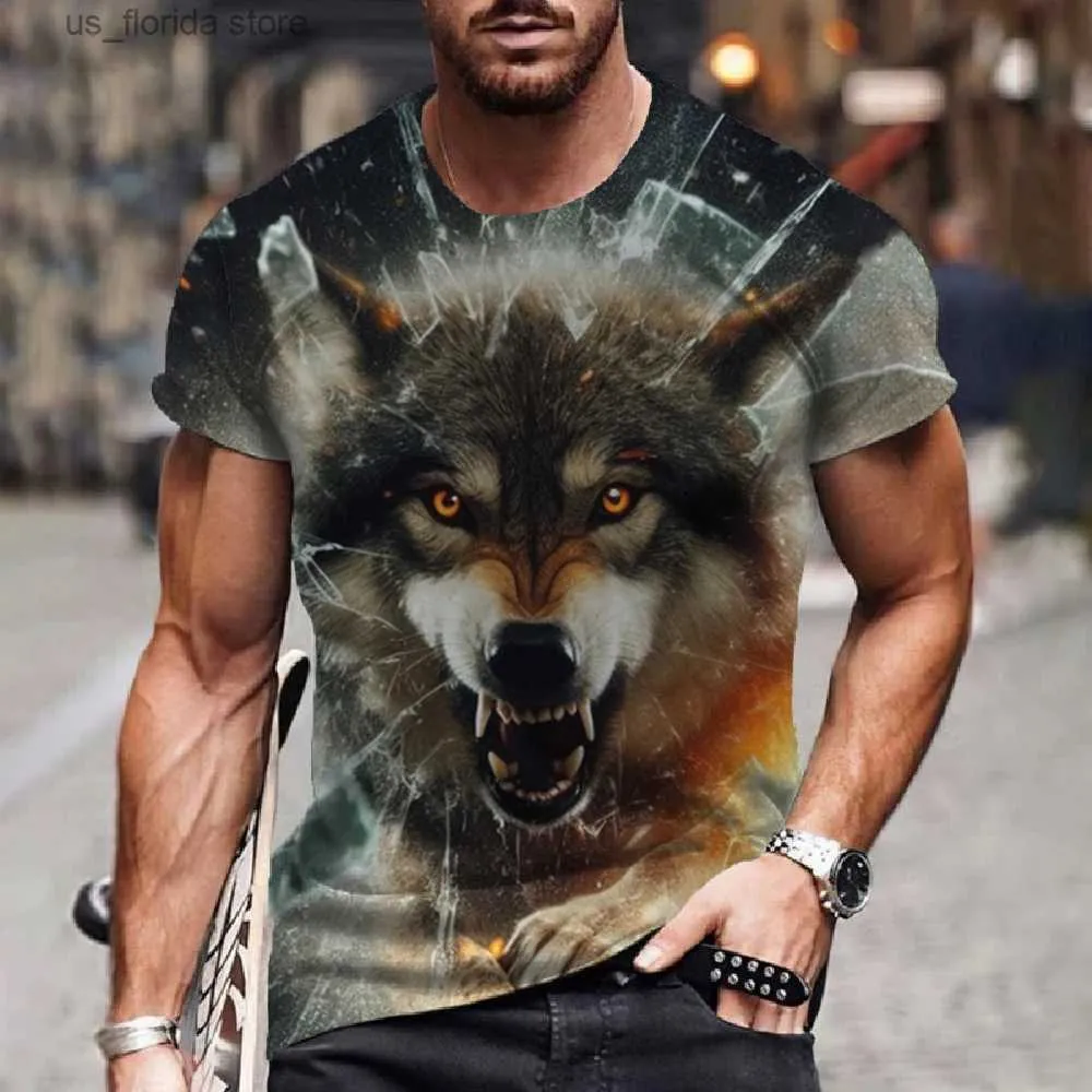 Herr t-shirts Summer Mens T-shirt Animal Wolf 3D Printed Round Neck Fashion Strtwear Casual Short Slve Top Ts Overdimased Men Clothing Y240314