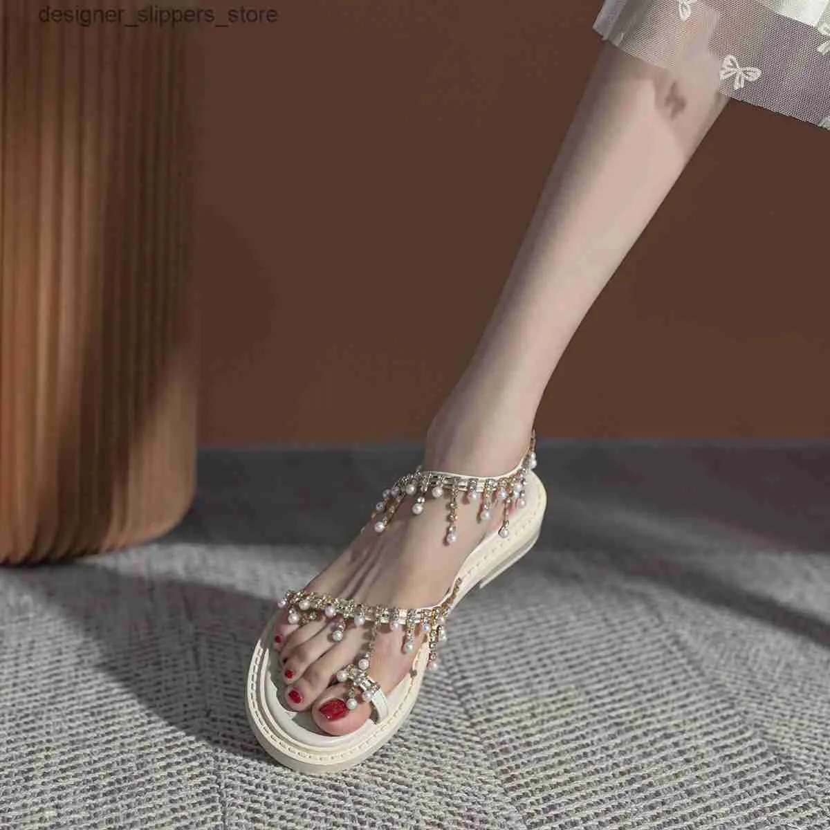 Sandaler Bohemian Sandals Summer Fairy Pearl Tassel Flat Shoes Womens French Toe Loop With Roman Style Shoes Q240314