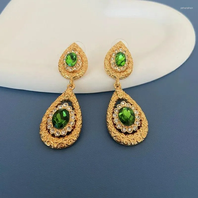 Stud Earrings Medieval Vintage Jewelry Water Drop Texture Set With Emerald Style High Court