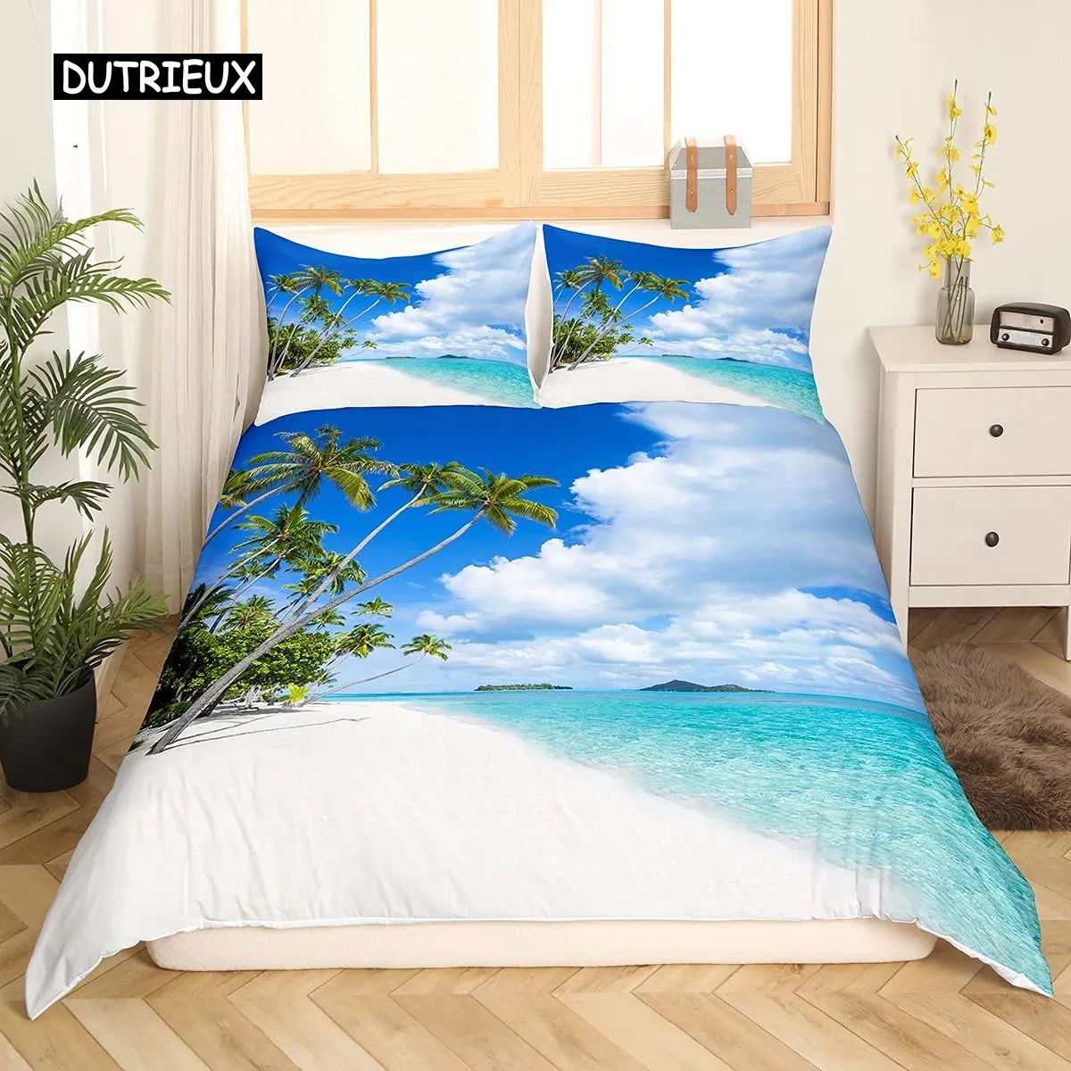 Set Beach Ocean Duvet Cover Set Hawaiian Palm Tree Waves Bedclothes Tropical Island and Sea Beach Nature Theme Polyester Qulit Cover Sheer Curtains
