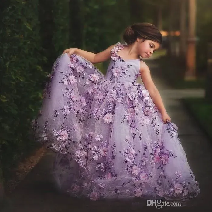 Petites robes de concours en dentelle lavande pour filles, avec des Appliques florales 3d, robe de bal pour tout-petits, robe de demoiselle d'honneur, longueur au sol, en Tulle s