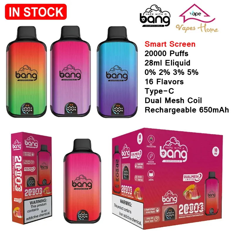 Originele Bang 20000 Rookwolken 20K Smart Screen Dual Mesh Coil Wegwerp Vapes Box Kit Bladerdeeg E-sigaretten Oplaadbare 650mAh Batterij 0% 2% 3% 5% 16 Smaken Vaper