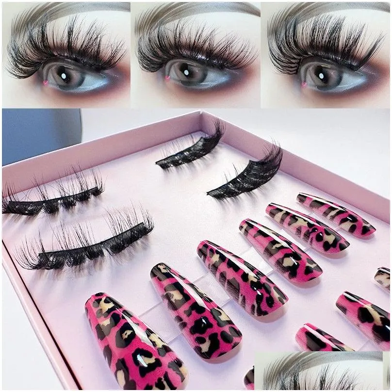 False Eyelashes Thick Eyelash Extension Finished Press On Nails Set 8D Reusable Fluffy Fl Strip Eyelashes Nail Beauty Lash Combination Dhhwz