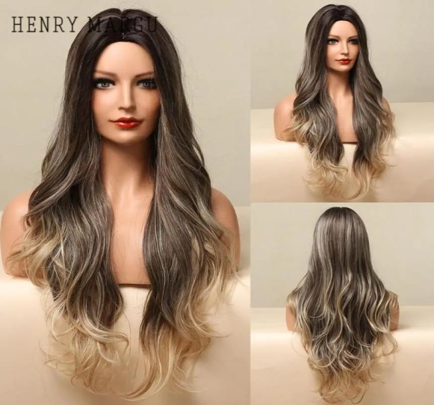 Syntetyczne peruki Henry Margu Long Ombre Black Brown Blonde Ash Natural Body Fala dla kobiet Cosplay odporna na ciepło Wig9325816