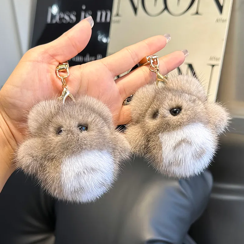 Real Genuine Fur Totoro Cat keychain Kides Toy Doll Pompom Ball Bag Charm Pendant Keyring Gift