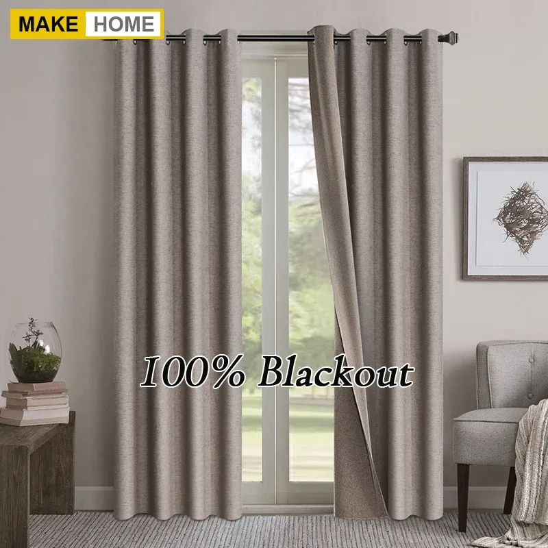 Cortinas de linho 100% de ambos os lados, cortinas blackout para sala de estar, quarto, à prova d'água, jardim, cortinas grossas, painéis de cortina de janela