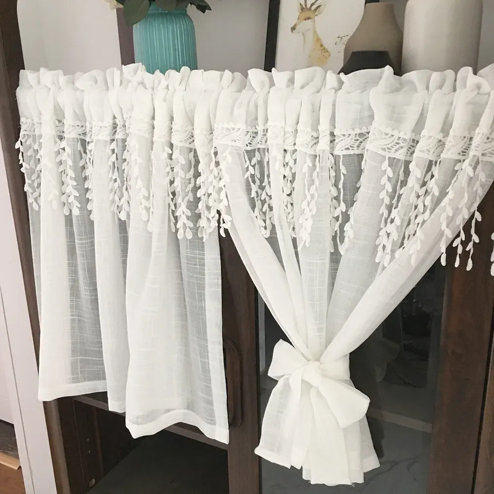 Curtains White Half Curtain Willow Leaf Water Soluble Lace Coffee Yarn Pure Short Curtain for Bar Kitchen Cabinet Door Children's Room