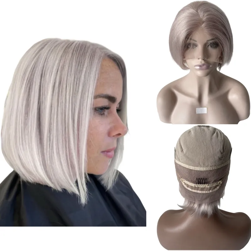 14 pouces Indien Vierge Human Human Silver Grey Bob Style Full Lace Wig pour femme noire