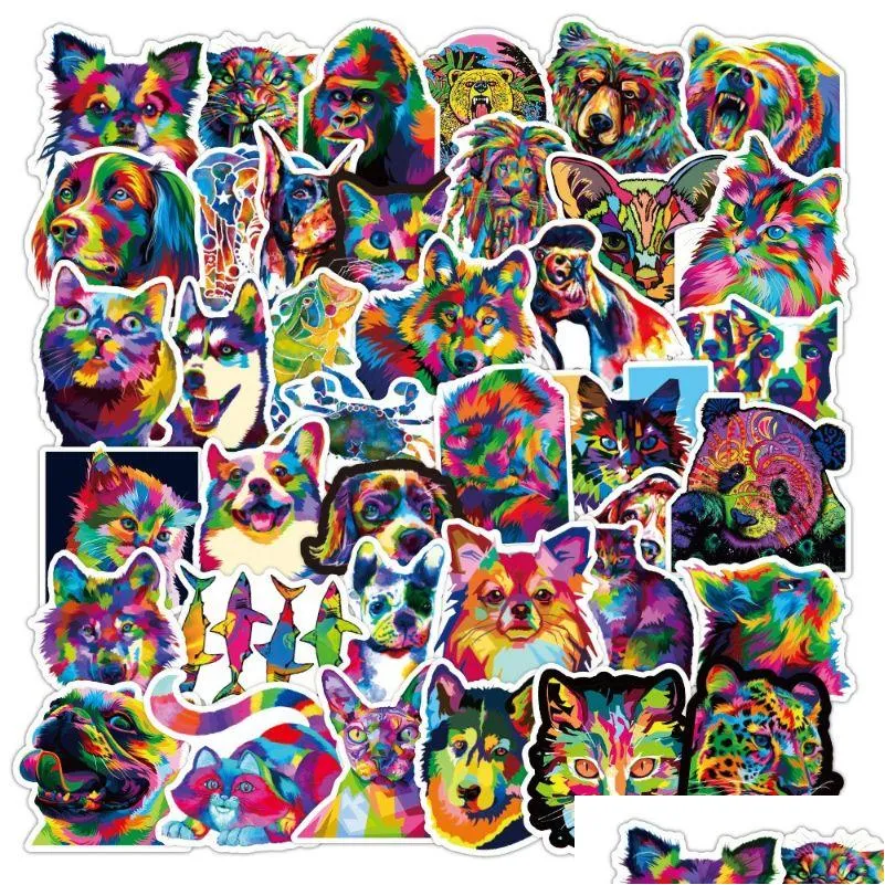 Car Stickers 50Pcs/Lot Color Cat And Dog Sticker Animal Waterproof Scooter Guitar Trolley Motorcycle Personality Iti Drop Delivery Aut Otxwa