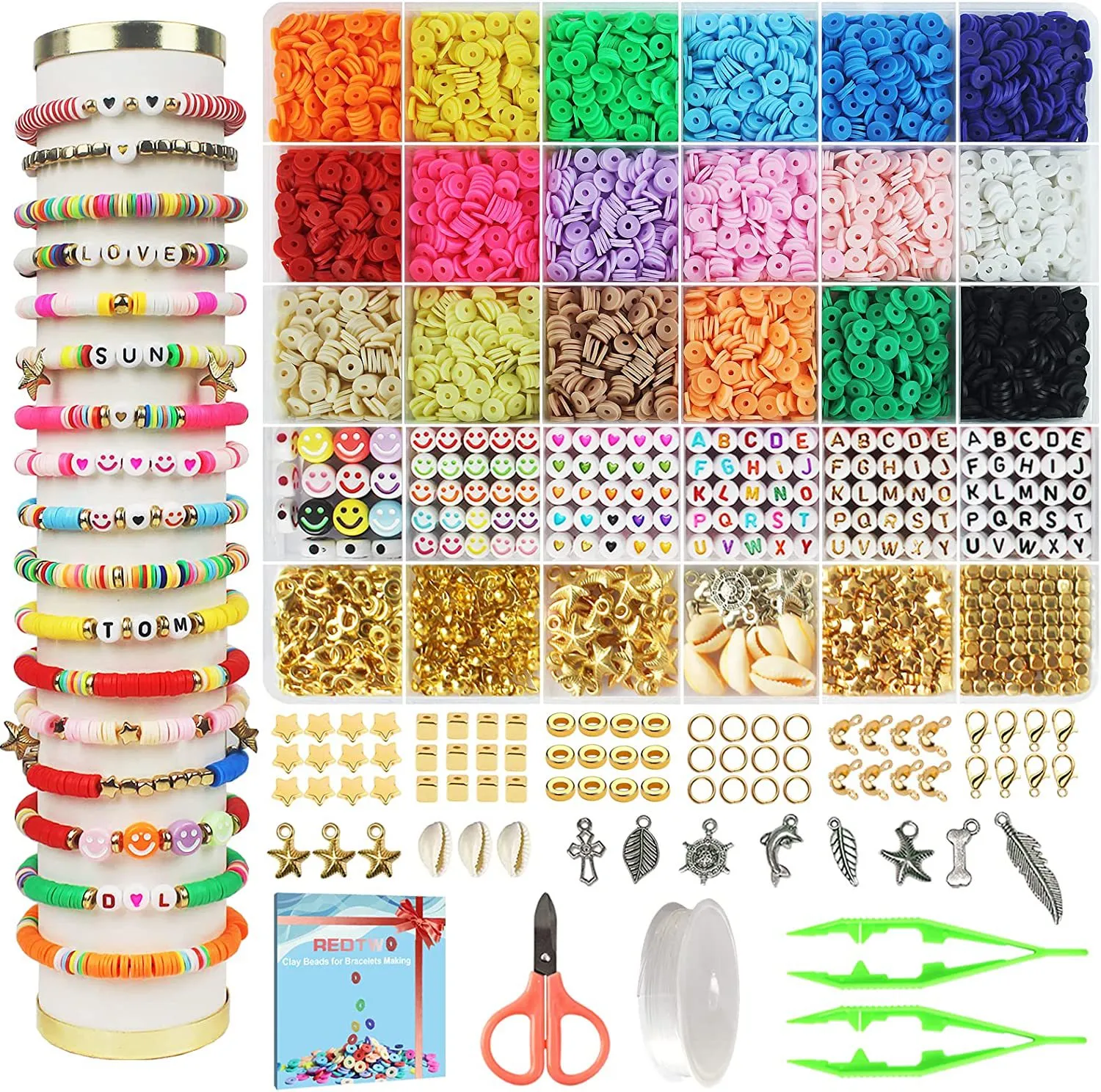 DIY Armband Kit Kleikralen Set voor het maken van sieraden Boheemse Heishi Kralen Polymeer Klei Schelp Ster Jump Ring Karabijn Letter Glimlach Hart Charms Hanger