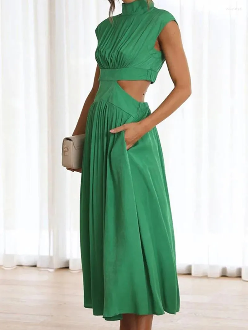 Casual Dresses Women Mock Neck Cut Out Dress Summer Pleated Sleeveless Flowy High Waist Solid Color Maxi A-Line Long With Pockets